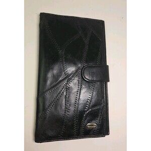 CARVEN Paris France Black Patch Leather Metal Snap Long Wallet Vintage